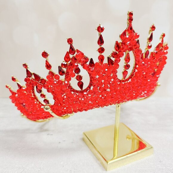 Gold Princess Crown, Prom headpiece, Bridal tiara, Red Crystal wedding crown main image 5